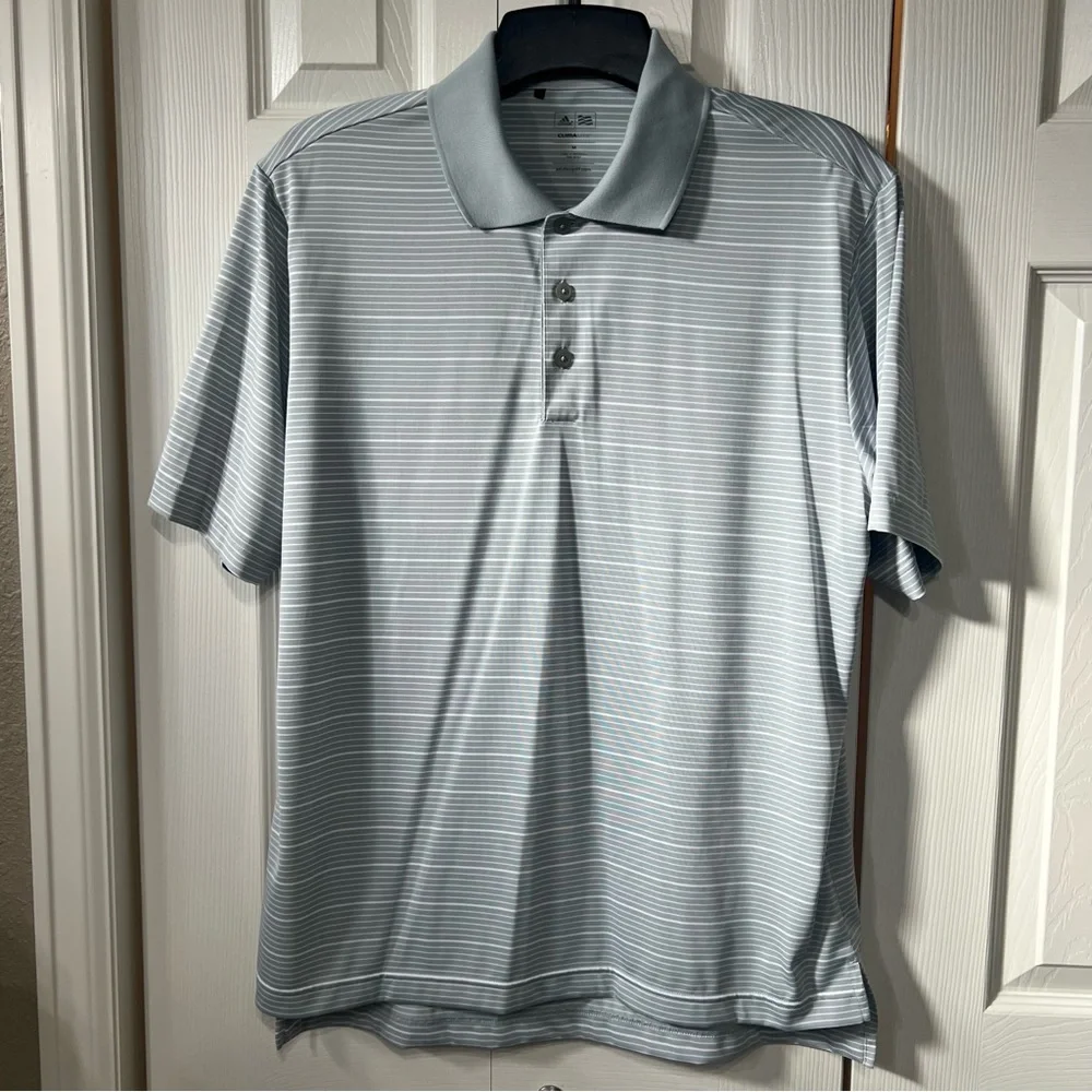 Adidas Men’s M Light Gray Striped ClimaLite Golf Polo Shirt with logo activewear